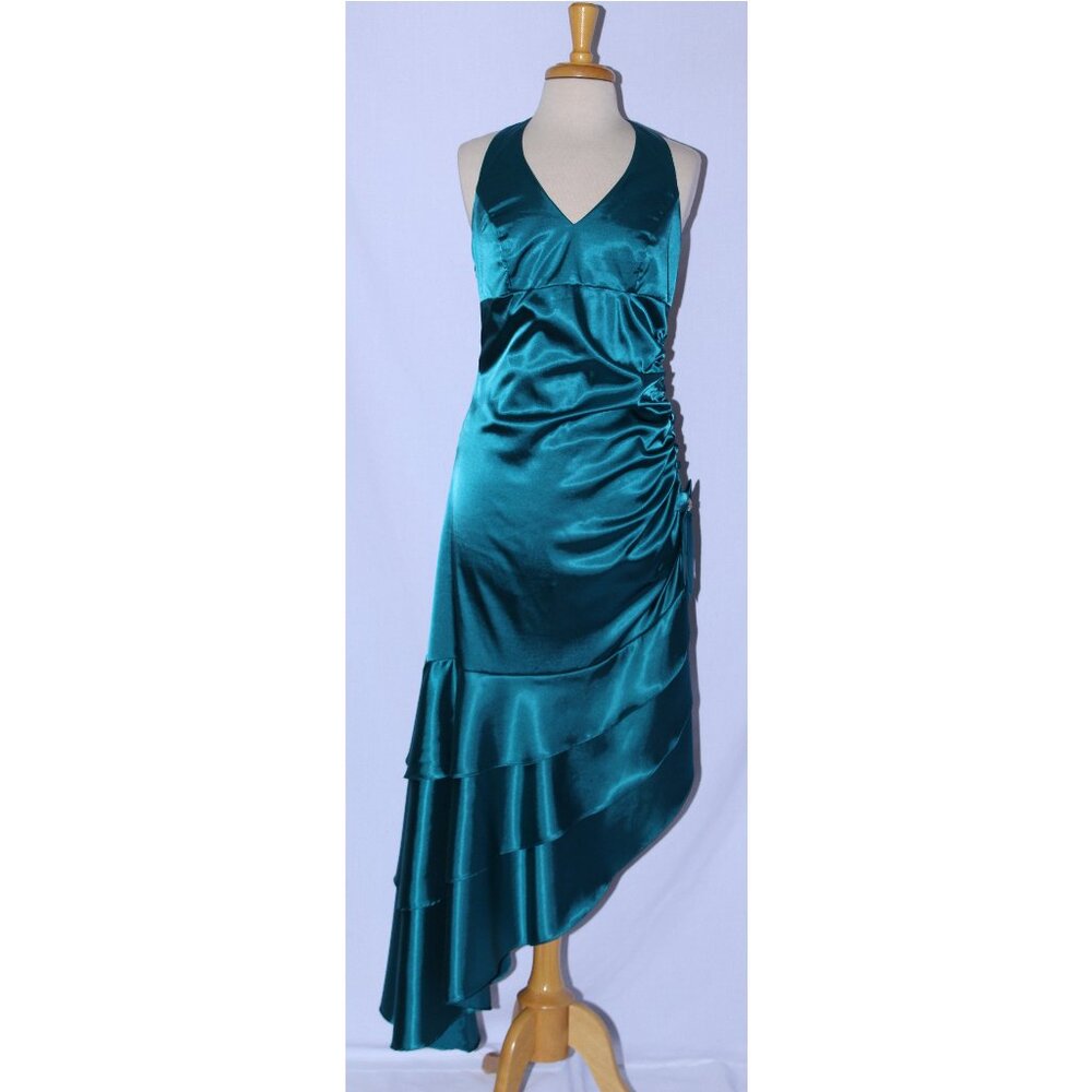Poly USA #2718 Asymmetrical Satin Dress With Side Ruching-Size L-TEAL-NWT